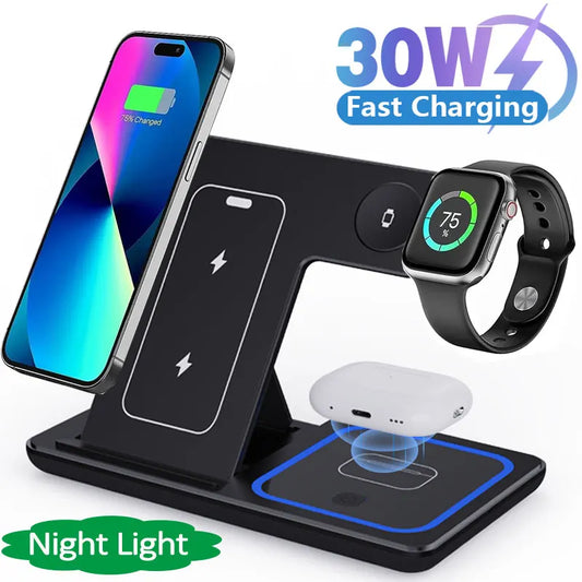 30W LED Fast Wireless Charger Stand 3 in 1 Foldable Charging Station for Iphone , apple watch, airpods